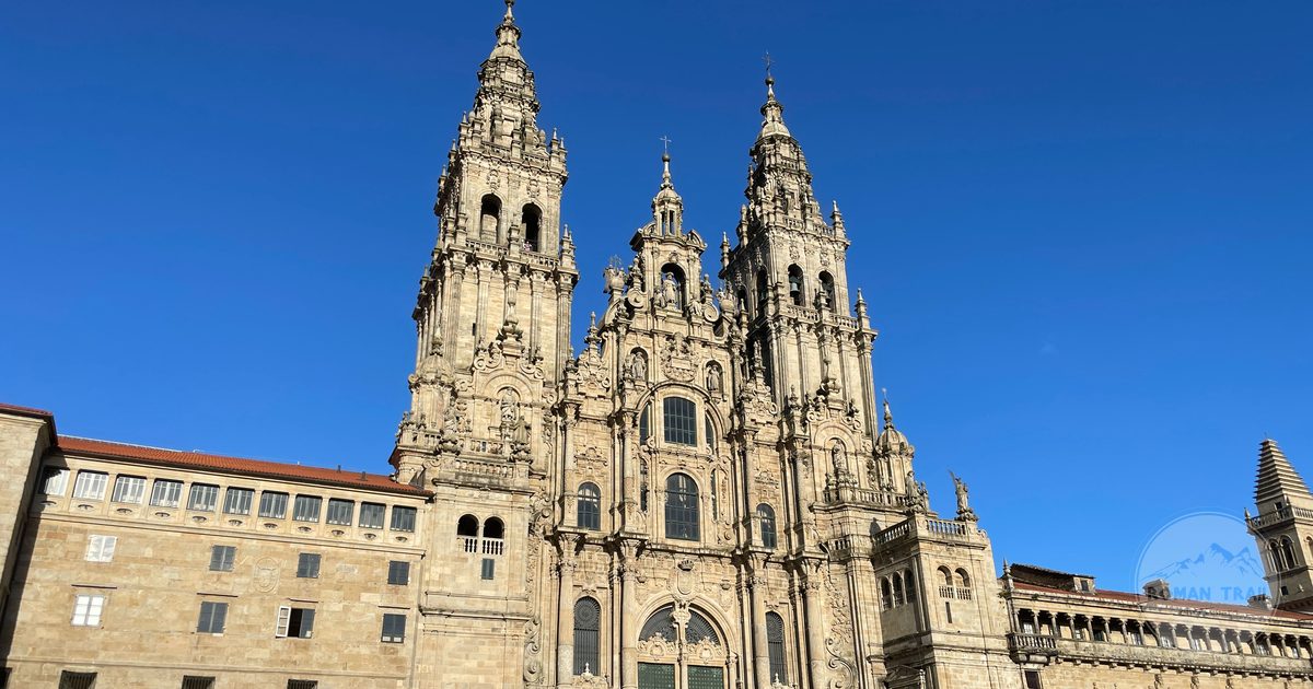Santiago de Compostela Cathedral under a clear blue sky, Galicia, Spain