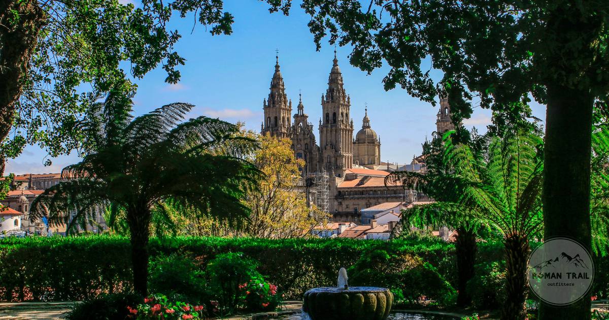 Santiago de Compostela Cathedral seen across a wooded park, Spain