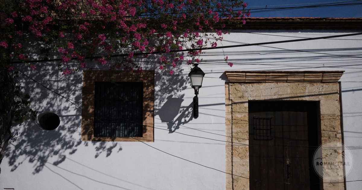 A colonial facade with bougainvillea in Santo Domingo, Dominican Republic