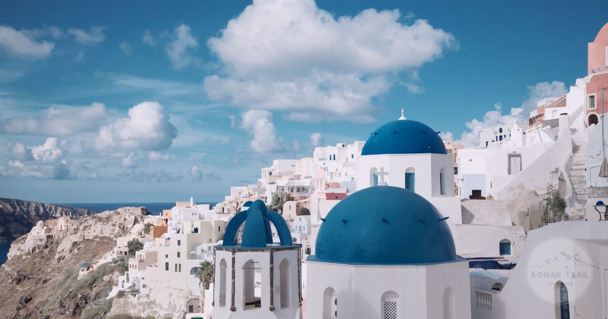 Blue-domed churches at Oia on Santorini, Greece