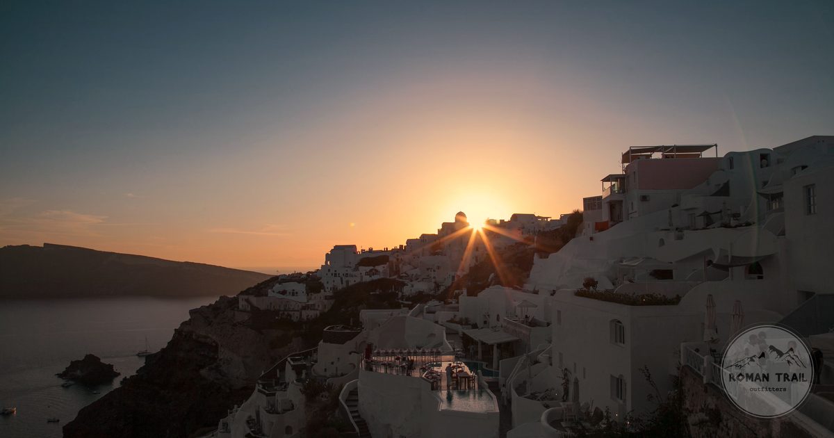 Sunset over the white architecture of Santorini, Greece