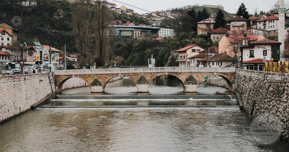 A historic stone bridge over the Miljacka river in Sarajevo, Bosnia and Herzegovina