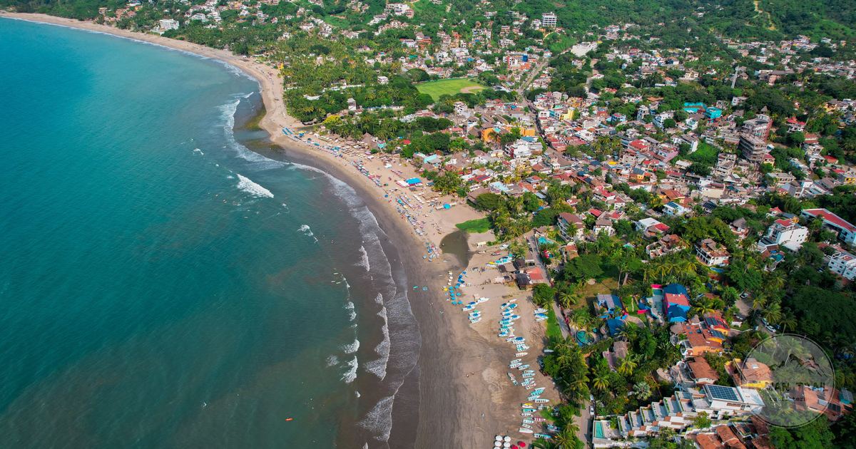 Aerial view of the town and turquoise water at Sayulita, Nayarit, Mexico