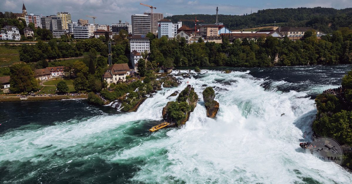 Aerial view of the Rhine Falls and the town at Neuhausen, Switzerland