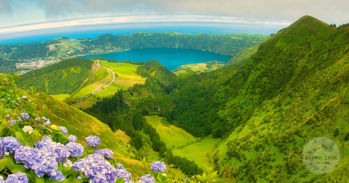 Panorama of Sete Cidades with hydrangeas, Azores, Portugal