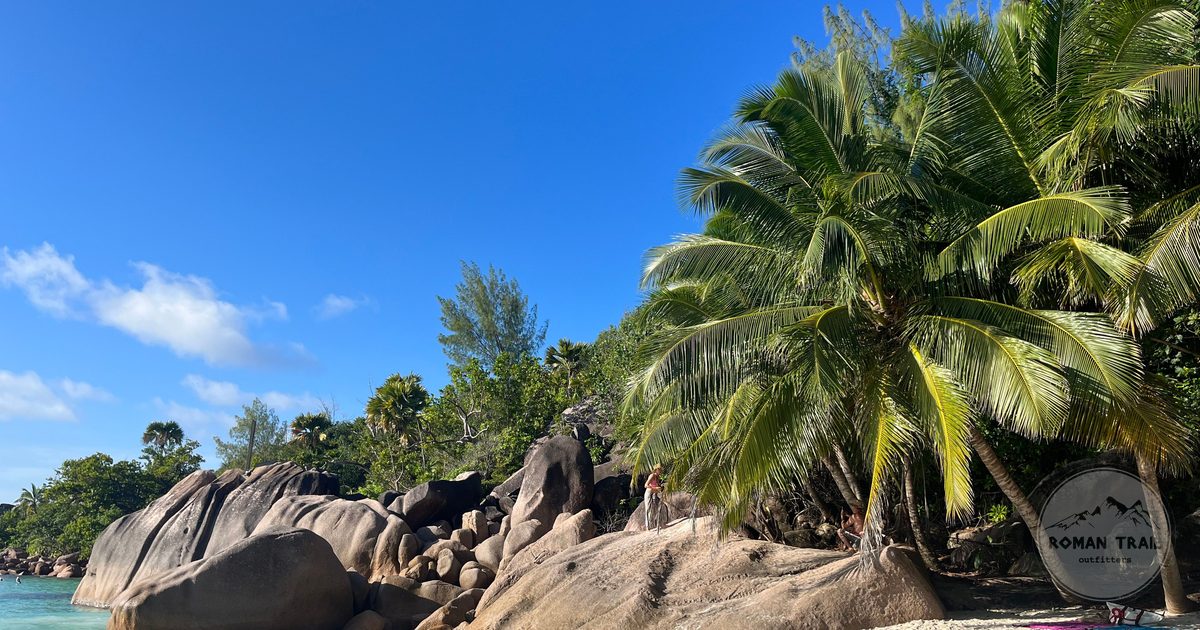 Palm trees and granite rocks on a Seychelles beach