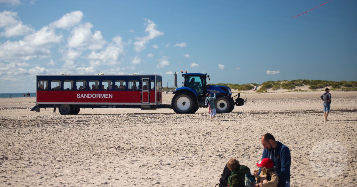 A family on Skagen beach watching the Sandormen tractor train, Denmark