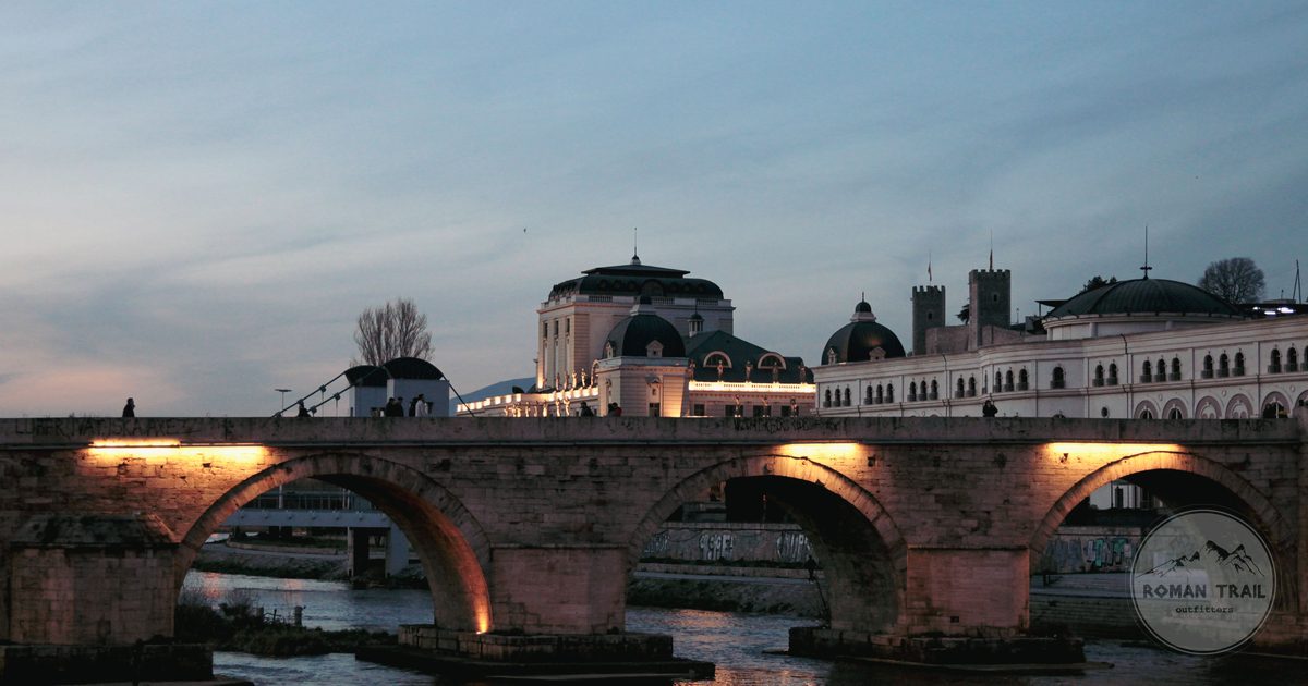 The Stone Bridge over the Vardar River in Skopje lit in the evening