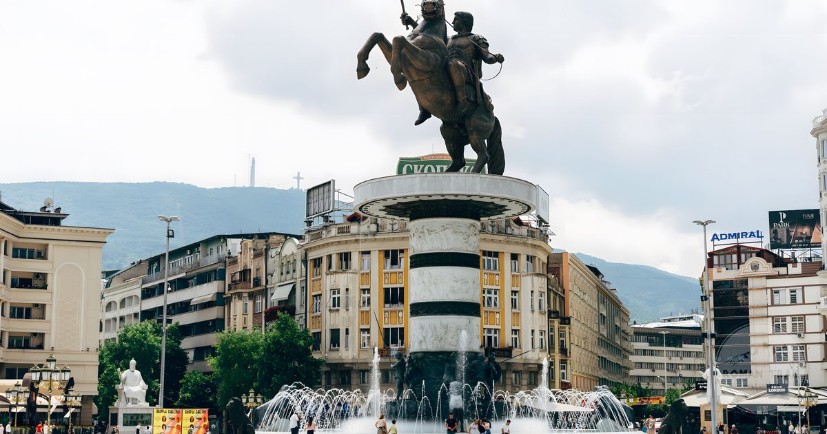 The monument to Alexander the Great in central Skopje, North Macedonia