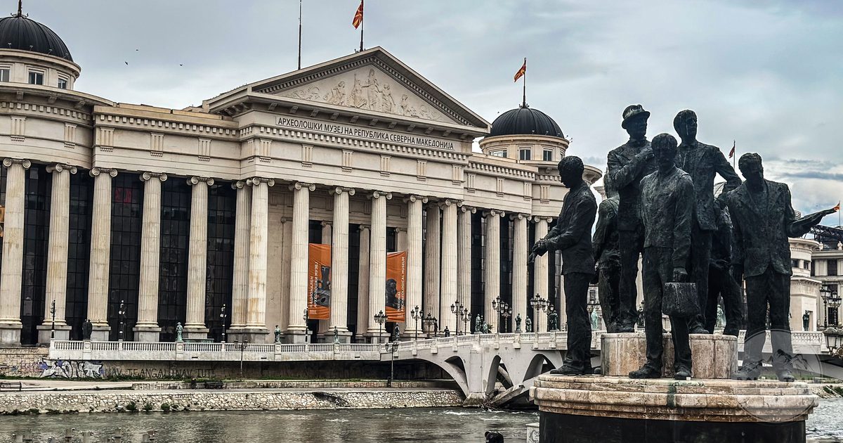 The Archaeological Museum and statues in Skopje, North Macedonia