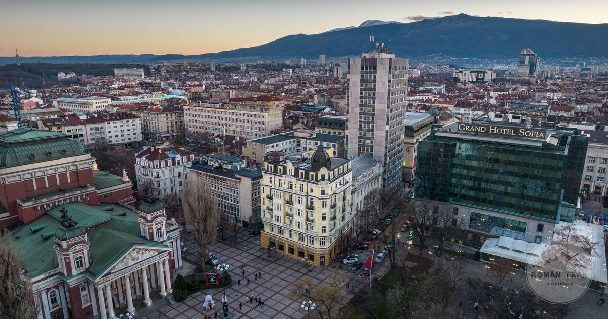 Aerial view of Sofia, Bulgaria, showing the city and its landmarks