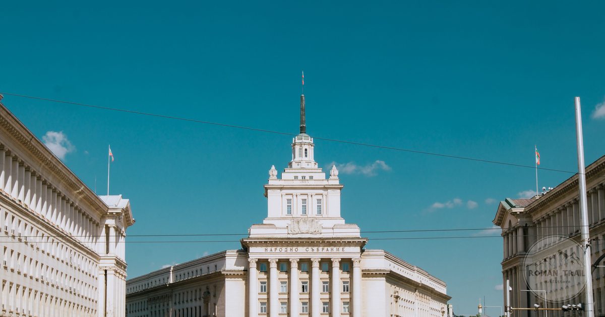 The National Assembly building in Sofia, Bulgaria, under a clear blue sky