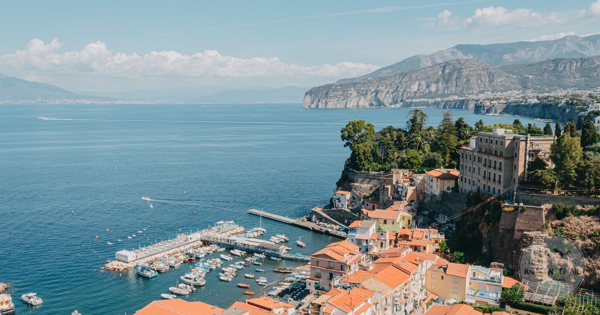 Aerial view of the Sorrento coastline and harbour, Italy