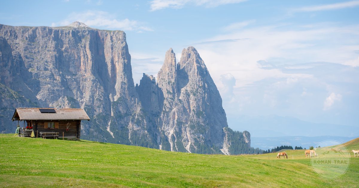 Green pastures and Dolomite peaks on the Alpe di Siusi, South Tyrol, Italy