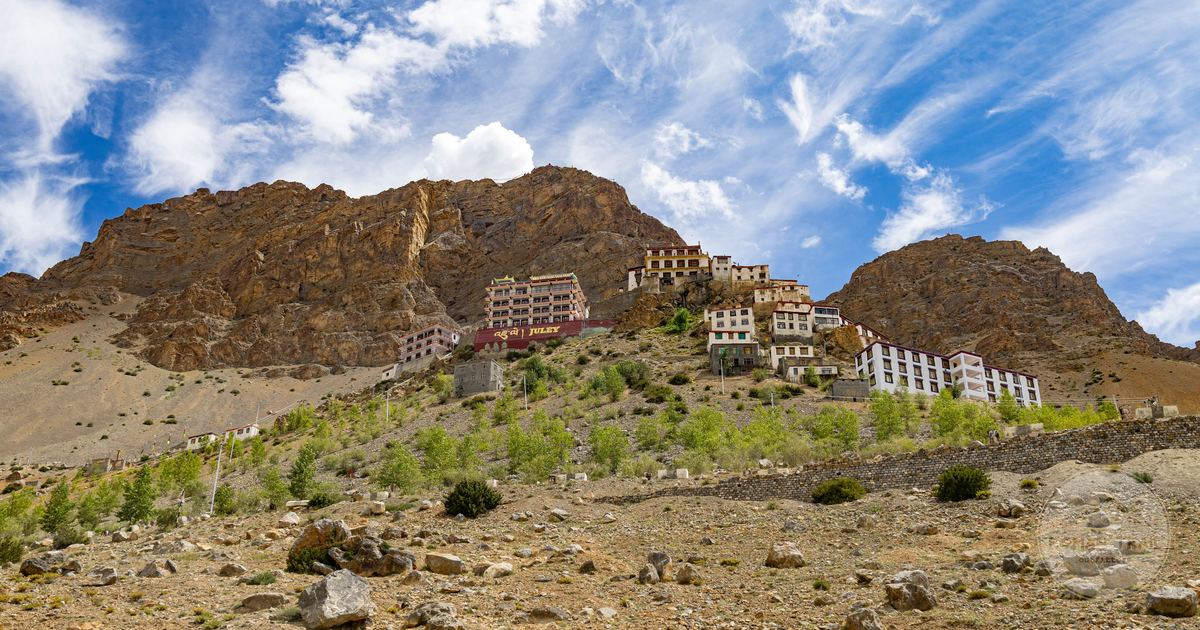 Key Monastery in the rocky Spiti Valley under a clear sky, India