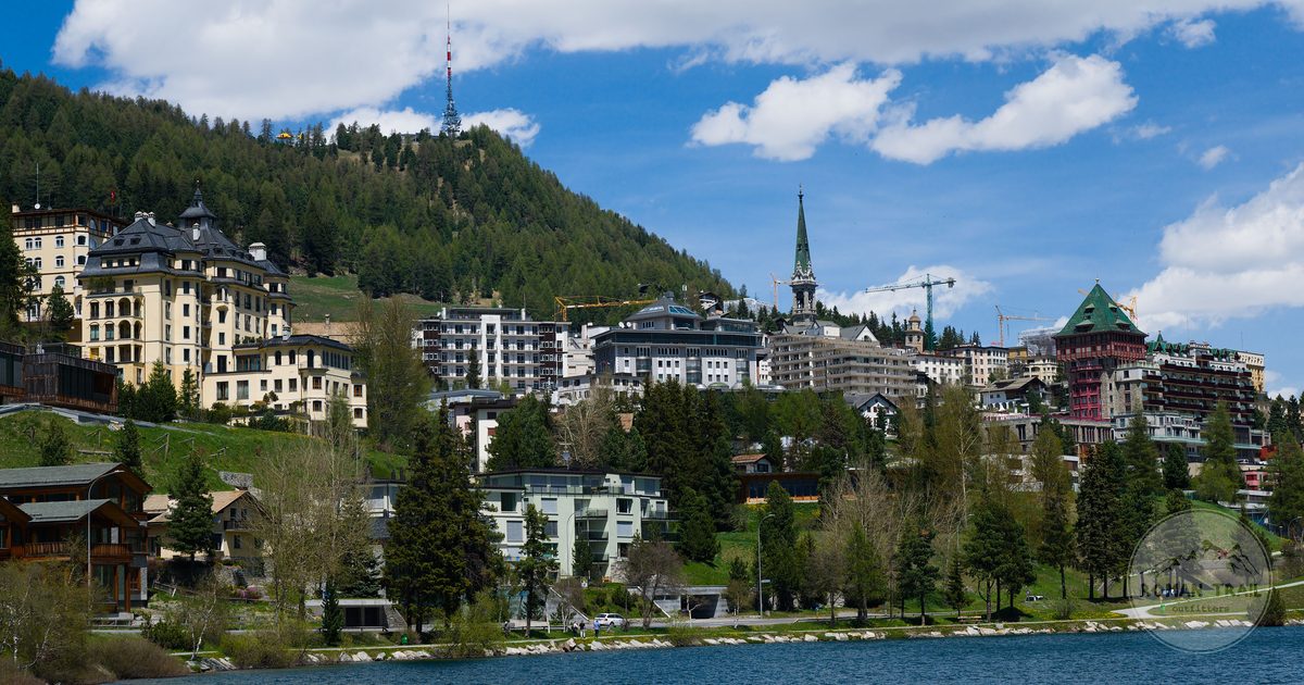St Moritz and its alpine architecture on a clear day, Switzerland