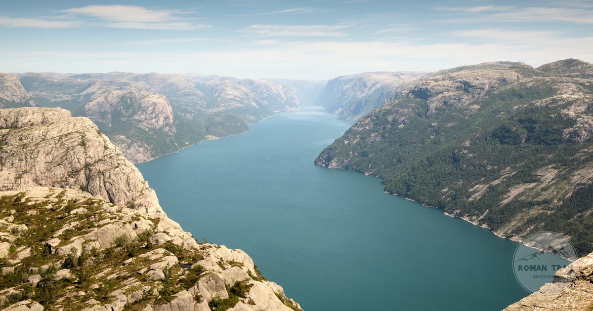 Aerial view of the cliffs and water of the Lysefjord, Norway