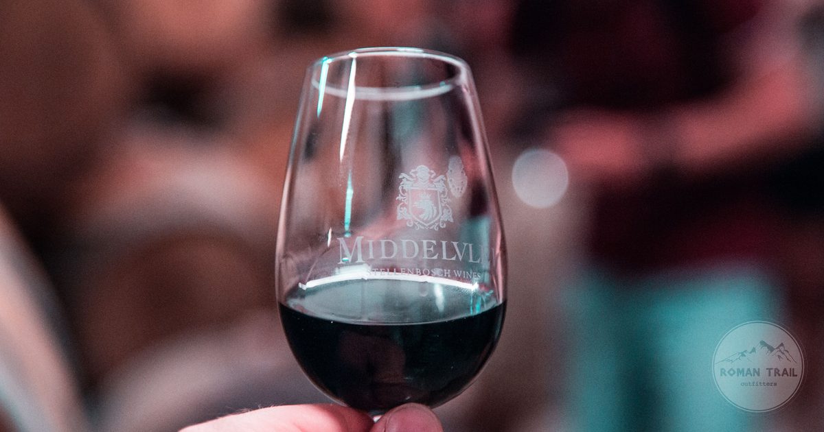 A glass of red wine at the Middelvlei wine estate in Stellenbosch, South Africa