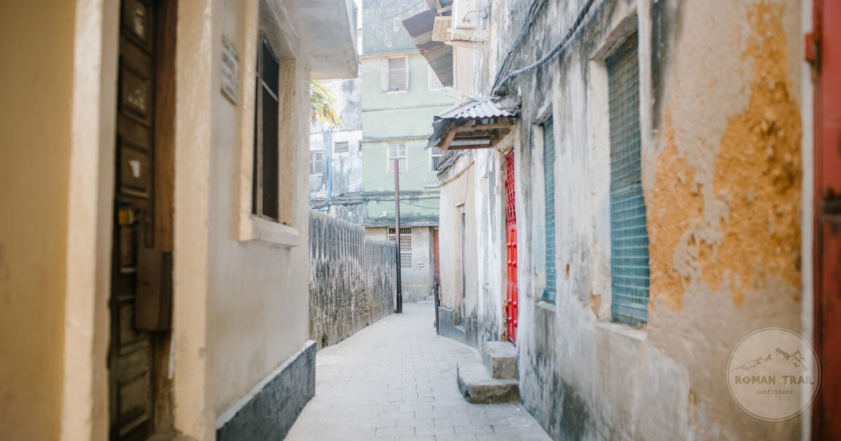 A narrow paved street between old stone houses in Stone Town, Zanzibar