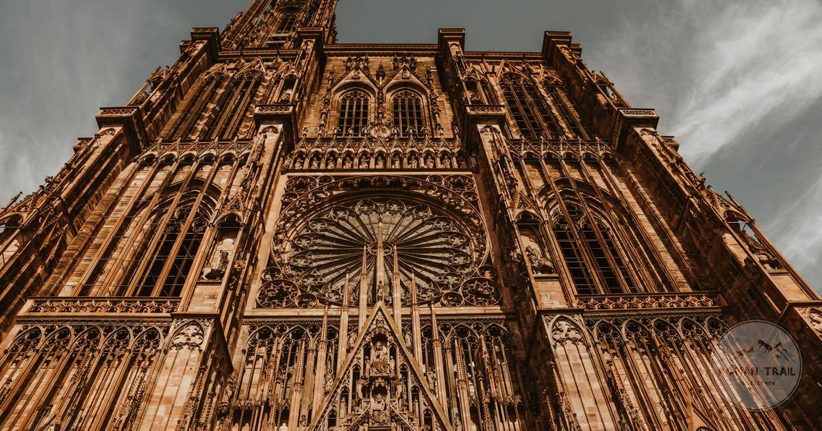 Low angle view of the Gothic front of Strasbourg Cathedral, Alsace, France