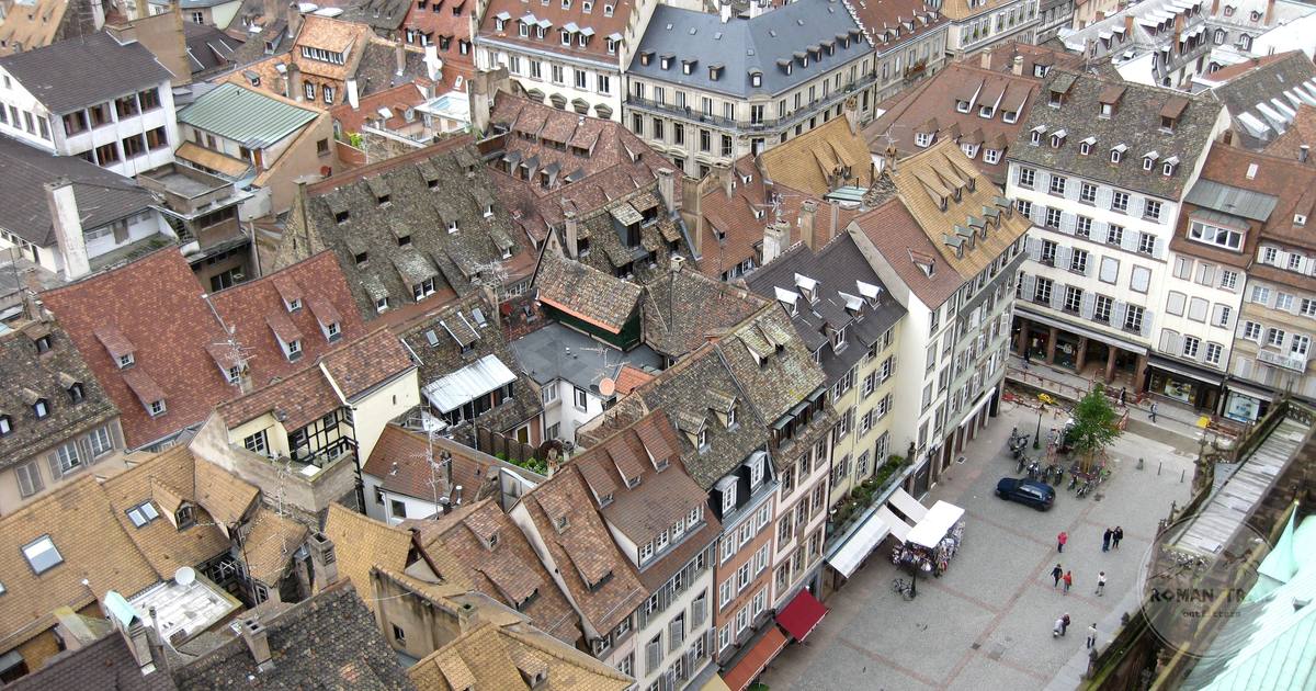 Aerial view of the historic rooftops and streets of Strasbourg, France