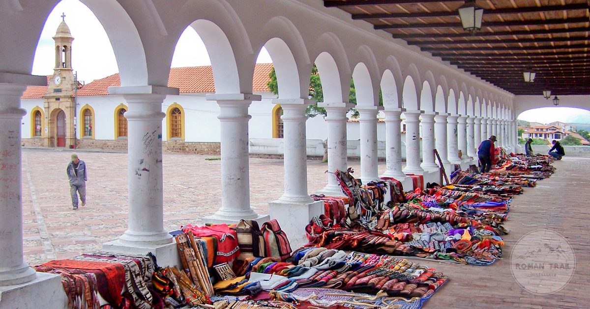Handmade goods on display at the traditional market in Sucre, Bolivia