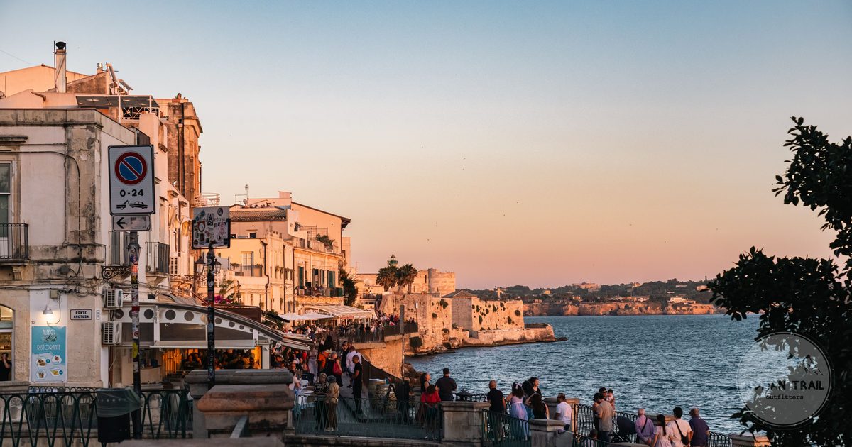 Sunset over the seafront promenade at Syracuse, Sicily