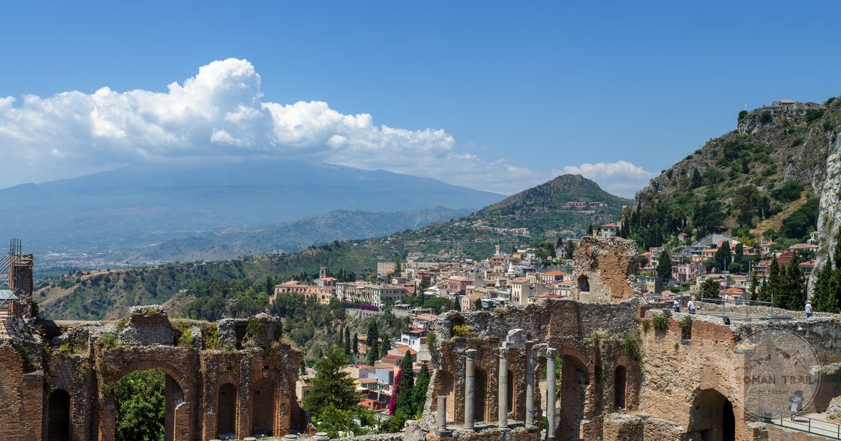 The ancient Greek theatre at Taormina above the sea, Sicily