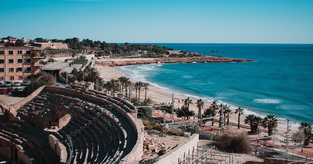 Aerial view of the Tarragona amphitheatre and the Mediterranean, Spain