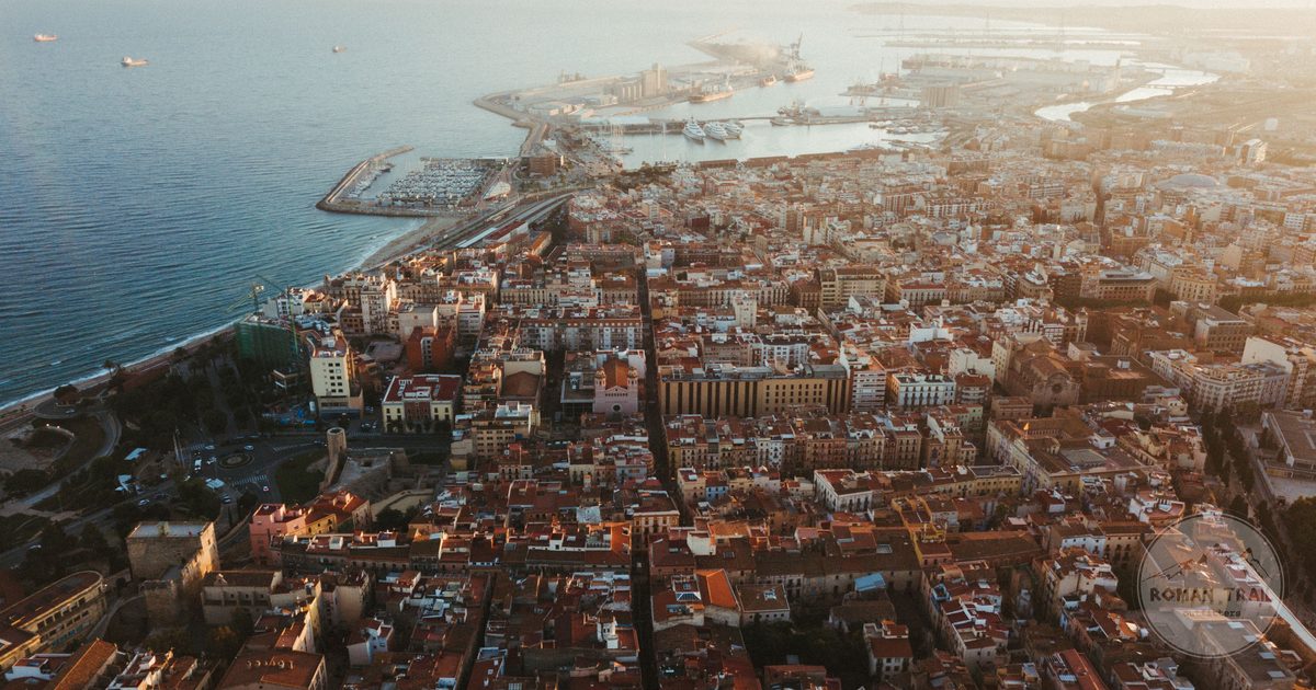 The Tarragona cityscape and coastline at sunset, Catalonia, Spain