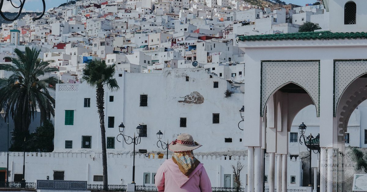 A woman in traditional dress with the hillside architecture of Tetouan behind, Morocco