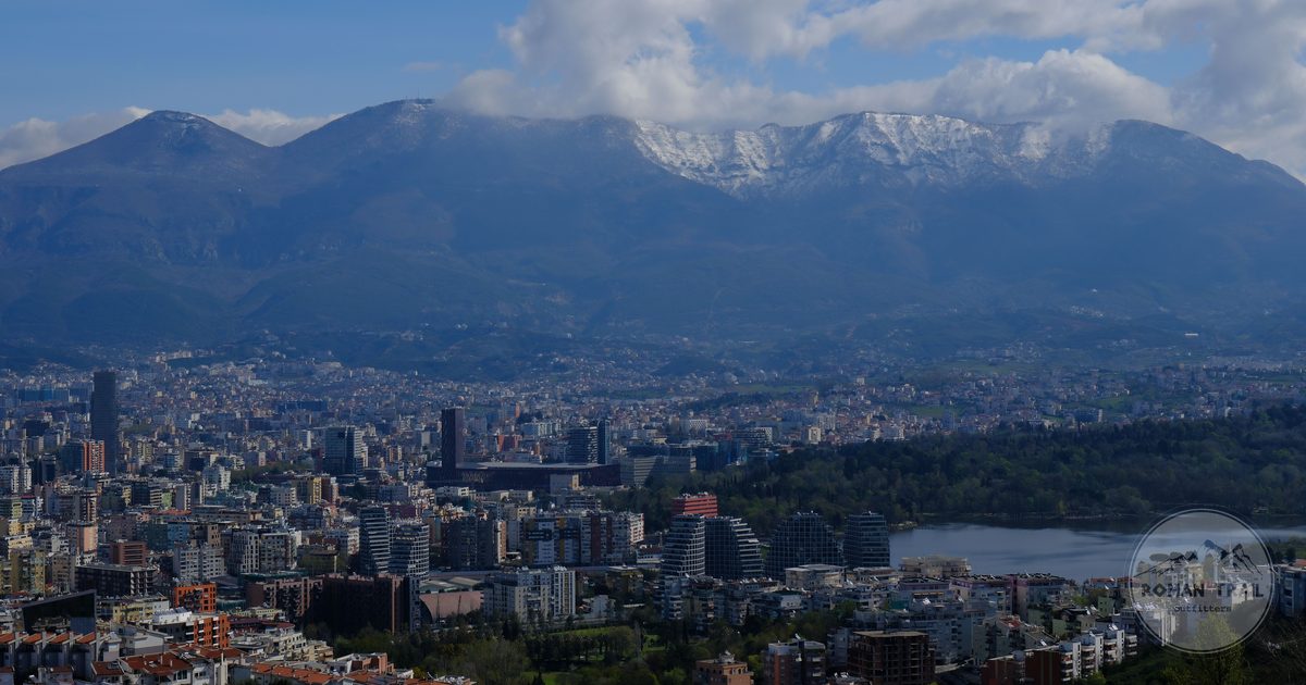 The Tirana cityscape with Dajti mountain behind it, Albania