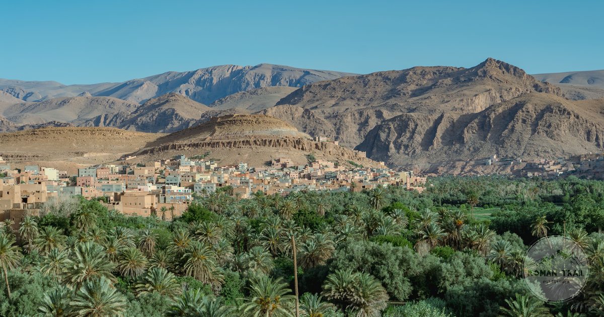 The Tinghir oasis with the Atlas Mountains behind, Morocco