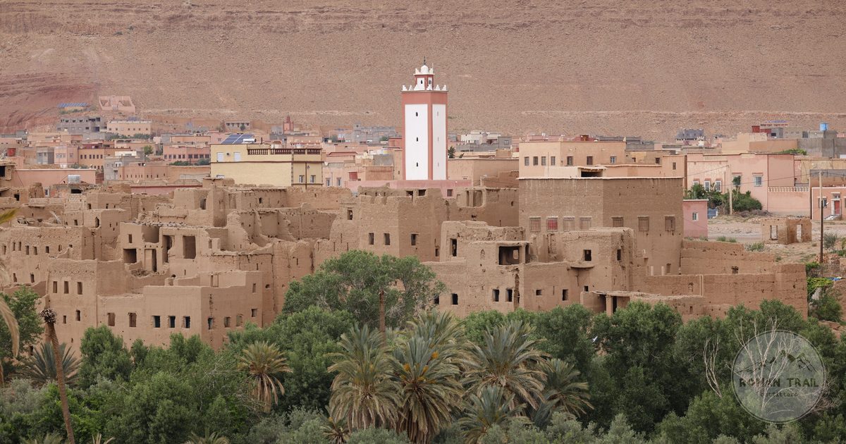 Tinghir town with sandy buildings among palm trees, Morocco