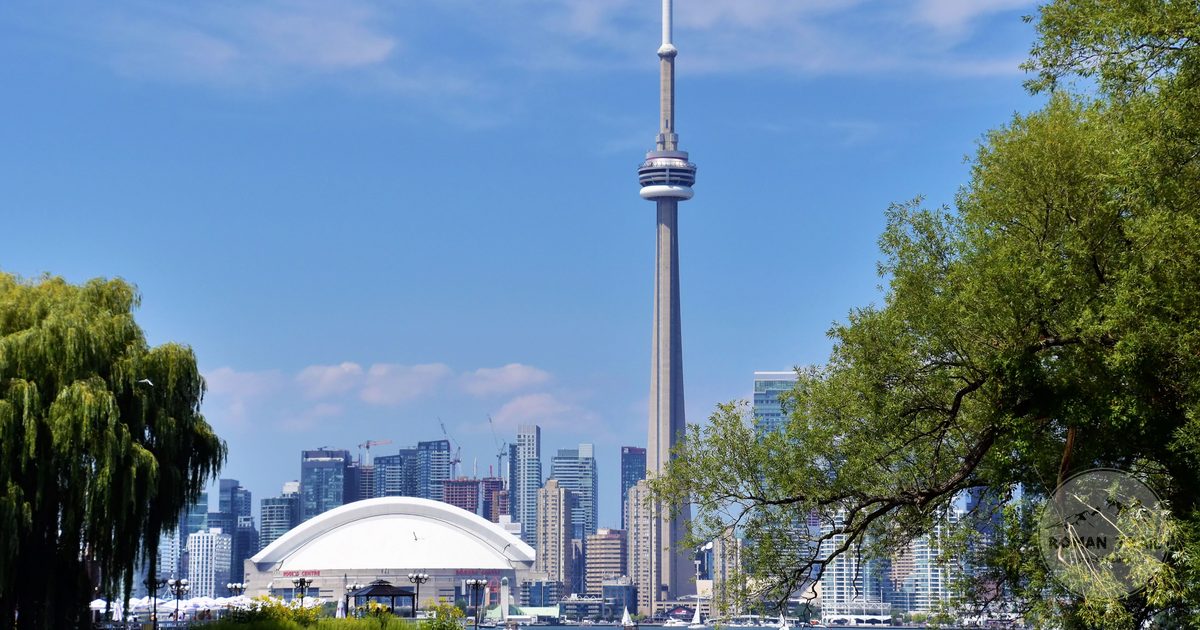 Toronto skyline with the CN Tower and Rogers Centre, Canada