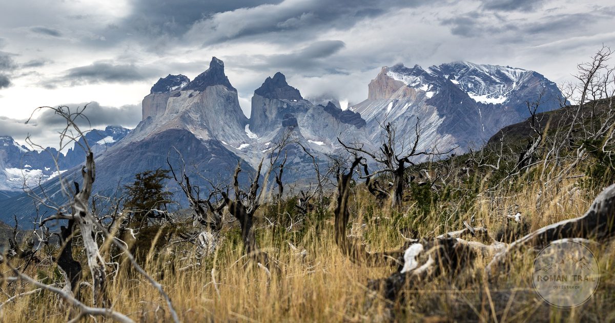 The Torres del Paine massif under dramatic cloud, Magallanes, Chile