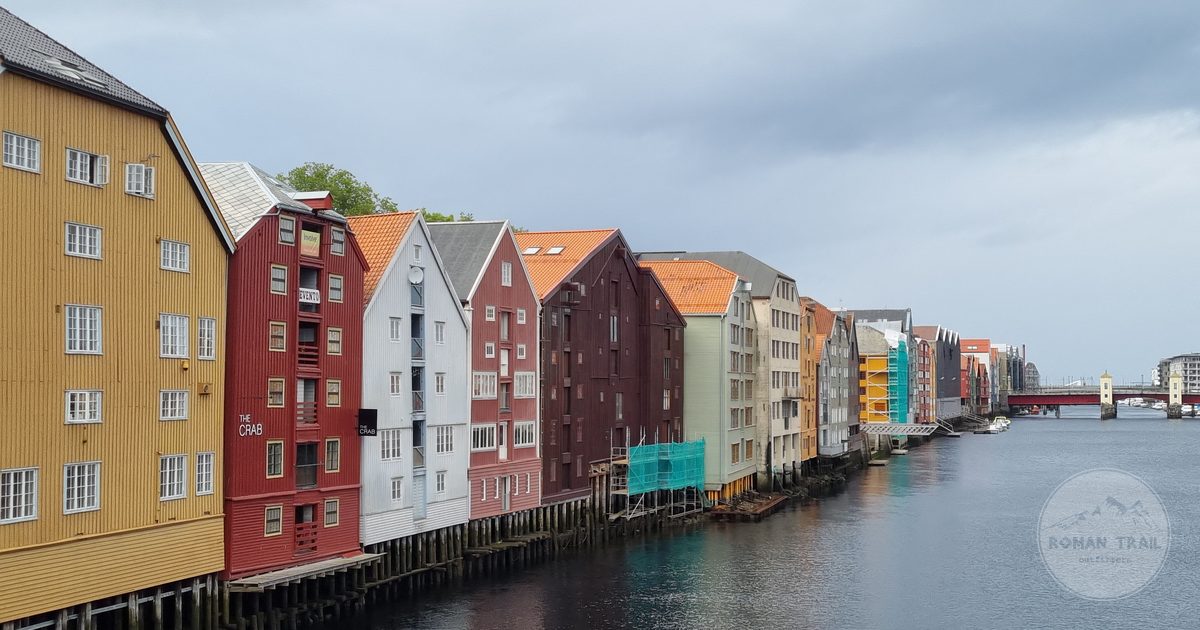 Colourful warehouse buildings along the Nidelva river in Trondheim, Norway