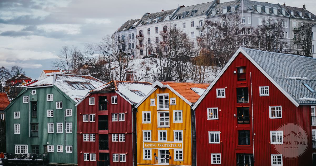 Waterfront houses in Trondheim under snow, Norway