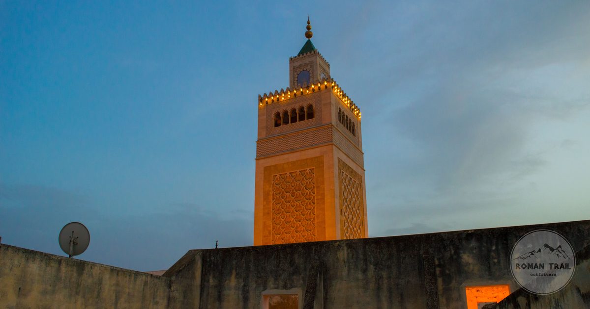 Minaret of the Al-Zaytuna Mosque at twilight in the Medina of Tunis, Tunisia