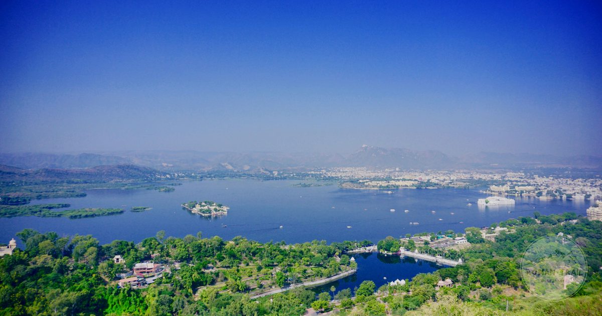 Aerial view of Lake Pichola and the Udaipur cityscape, Rajasthan, India