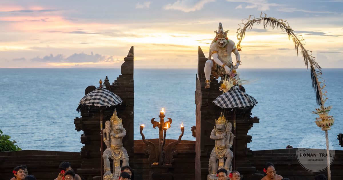 Kecak fire dance performance at Uluwatu Temple at sunset, Bali, Indonesia