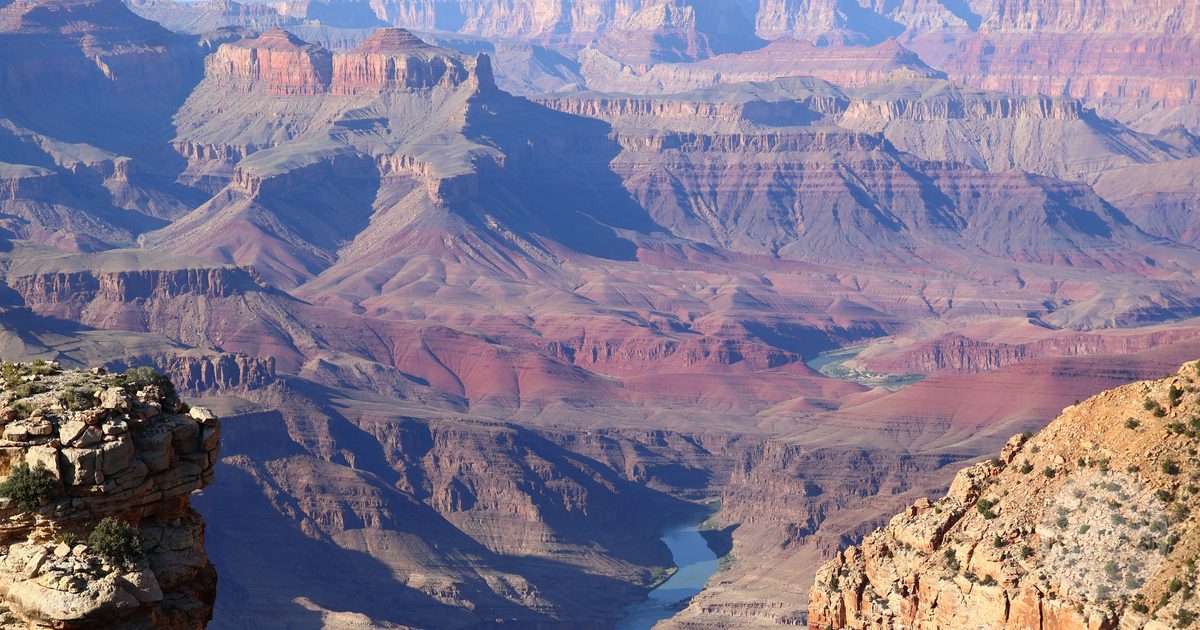 A panoramic view of the layered rock formations of the Grand Canyon, Arizona