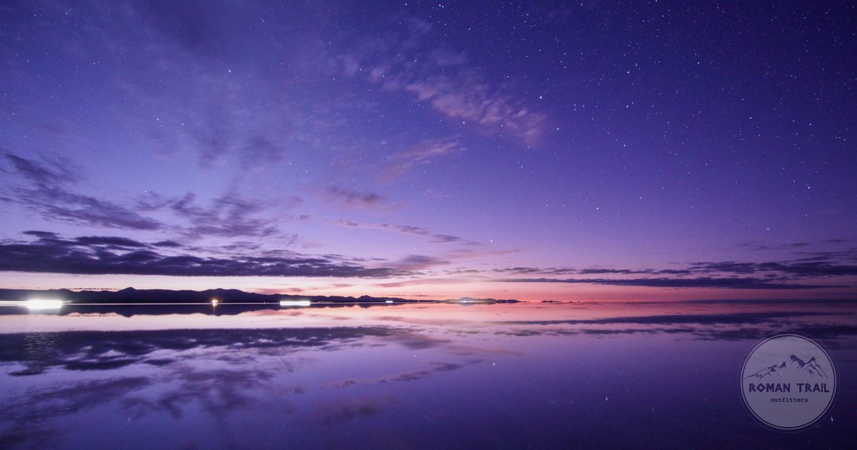 Twilight sky reflected on the surface of the Salar de Uyuni, Bolivia