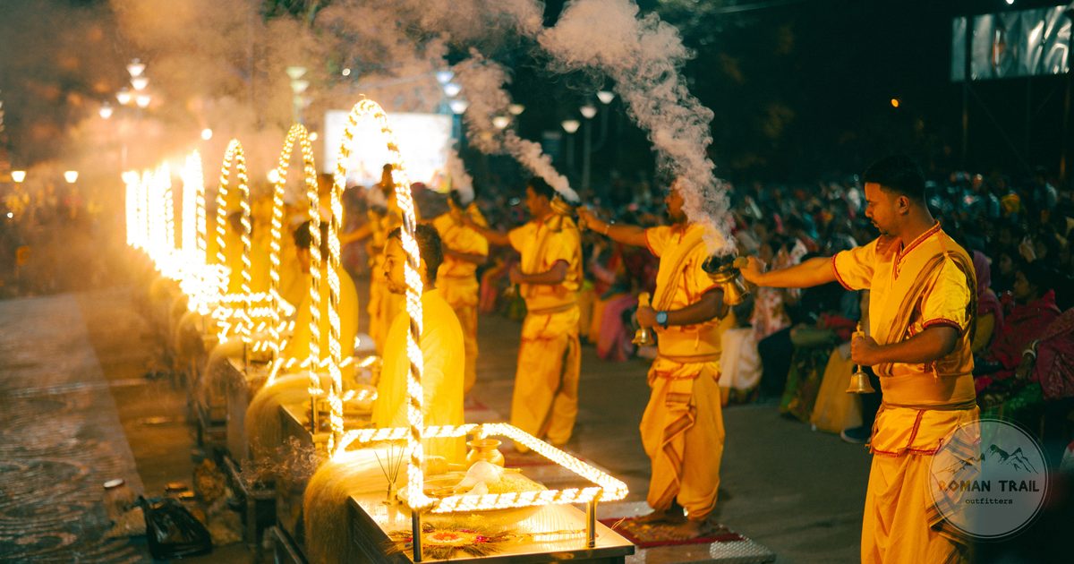 Priests performing the Ganga Aarti ceremony at Varanasi, India