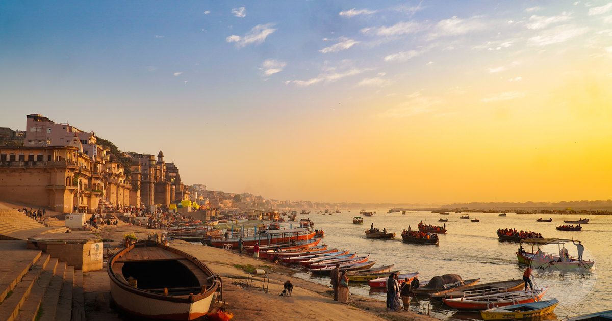 The ghats of Varanasi on the Ganges at golden hour, India