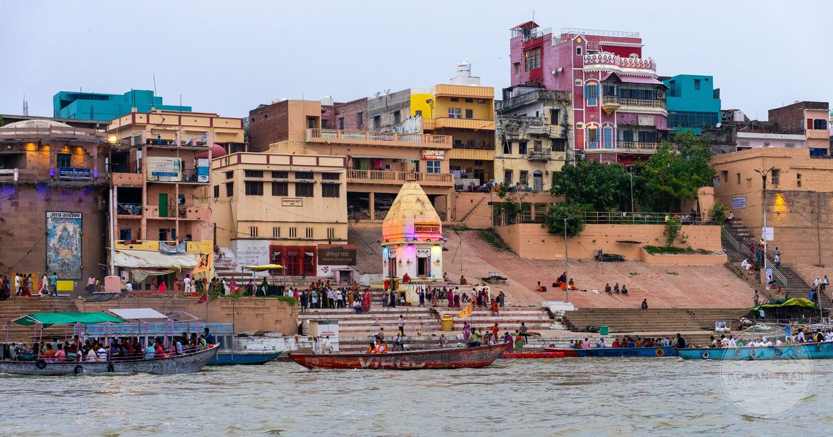Riverside buildings and boats on the Ganges at Varanasi, India
