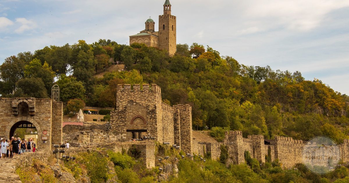 Tsarevets fortress among green hills in Bulgaria
