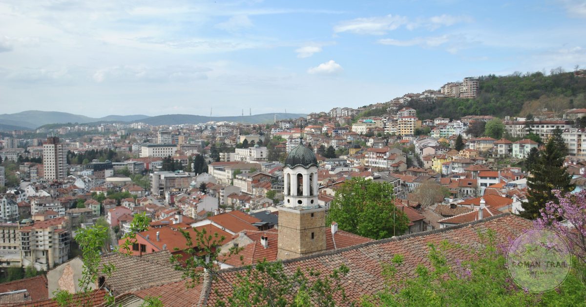 Aerial view of the red roofed houses of Veliko Tarnovo, Bulgaria