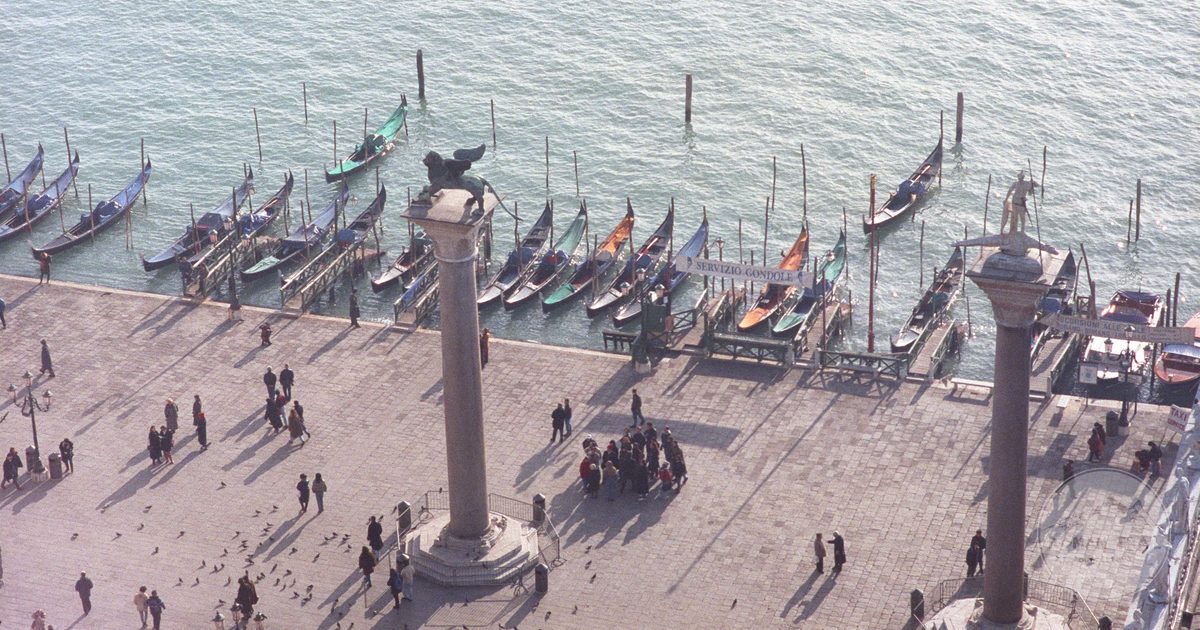 Gondolas and the columns of St Mark's Square seen from above, Venice