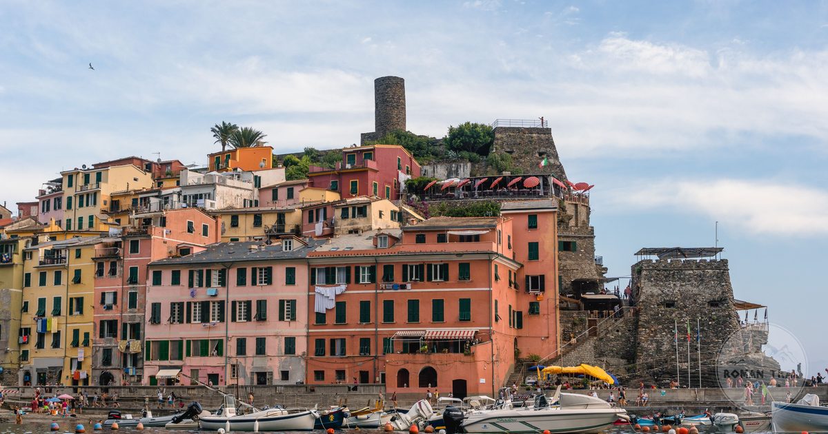 Vernazza harbour with boats and historic buildings, Cinque Terre Italy